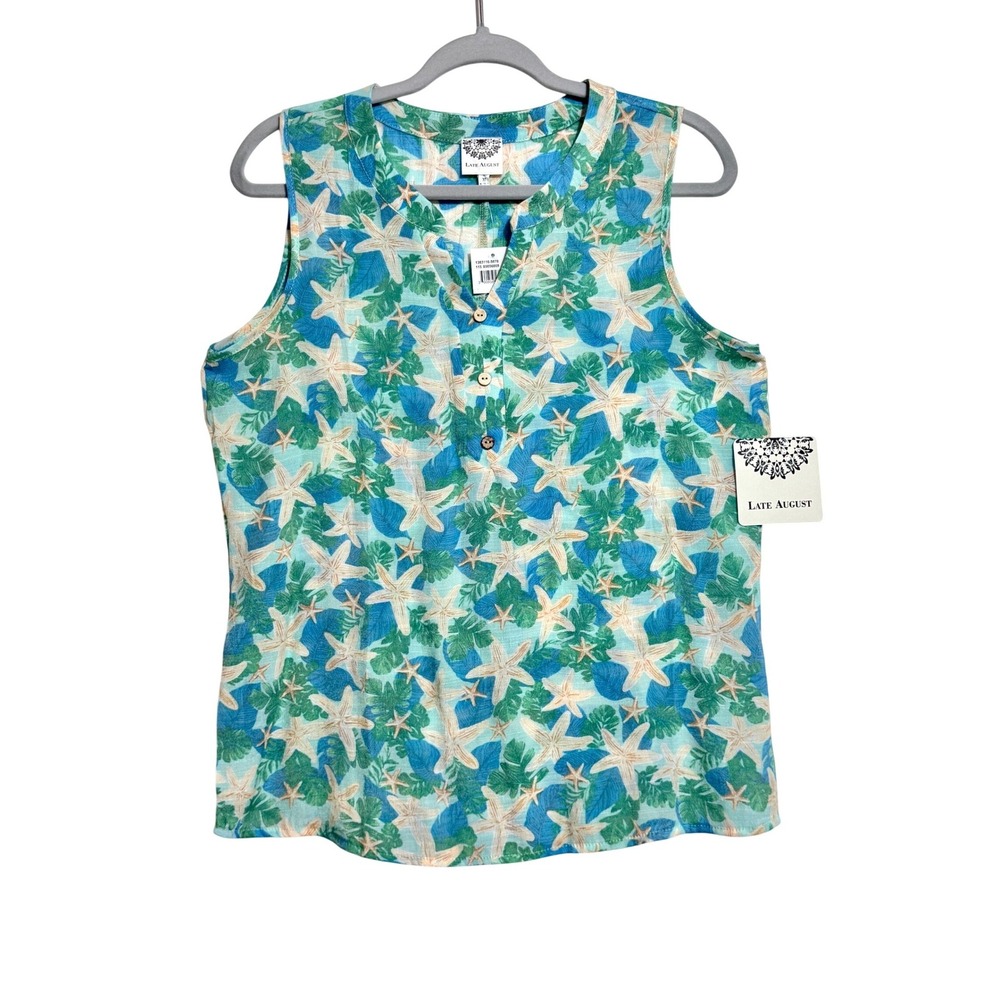 NEW Late August Womens‎ M Starfish Tropical Print Sleeveless Blouse Teal Blue